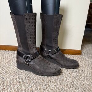 Donald J Pliner Hardy Brown Leather Embossed Crocodile Harness Wedge Boots 8.5M